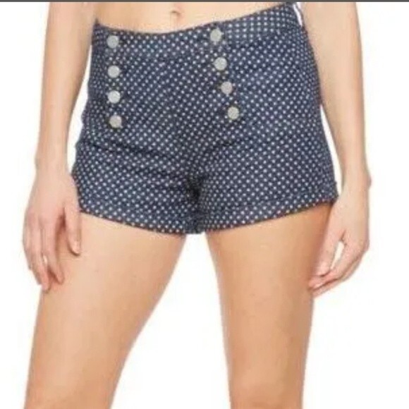 Almost Famous button fly polka dot Mid Rise Dark Wash shorts sz 5 EUC Pin Up - Picture 2 of 9